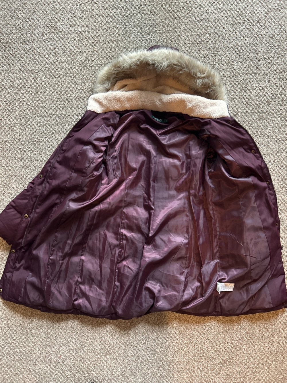 Ralph Lauren Women’s Down Fill Faux Fur Detachable Hood Purple Puff Jacket M - Picture 12 of 13